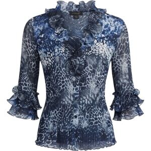 PIANO Womens S Blue Black Animal Print Pleated Ruffle‎ Neck 3/4 Sleeve Top Sheer